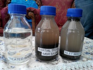 The significant difference in water quality pre and post-treatment. (From right) Inlet water, partially treated water and treated water.